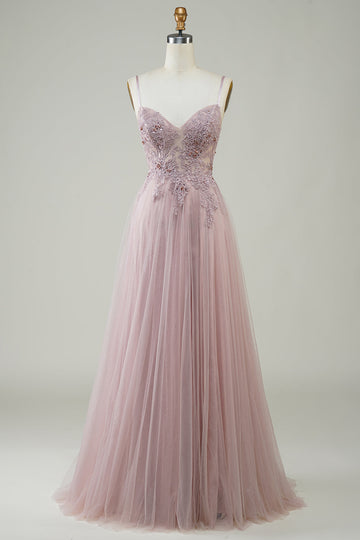 Robe De Soirée longue en tulle longue en tulle Sparkly Blush avec dentelle